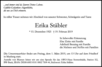 Traueranzeige von Erika Stäbler von Stuttgarter Zeitung / Stuttgarter Nachrichten
