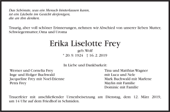 Traueranzeige von Erika Liselotte Frey von Stuttgarter Zeitung / Stuttgarter Nachrichten