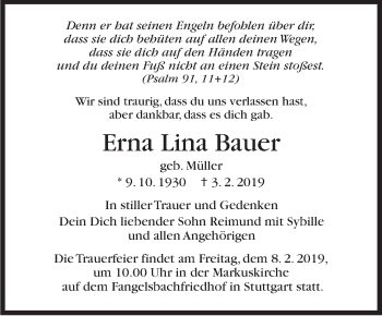 Traueranzeige von Erna Lina Bauer von Stuttgarter Zeitung / Stuttgarter Nachrichten