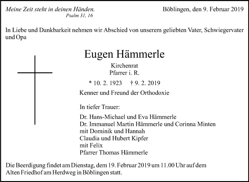  Traueranzeige für Eugen Hämmerle vom 14.02.2019 aus Stuttgarter Zeitung / Stuttgarter Nachrichten