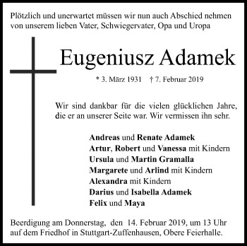Traueranzeige von Eugeniusz Adamek von Stuttgarter Zeitung / Stuttgarter Nachrichten