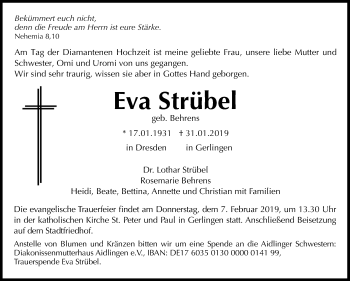 Traueranzeige von Eva Strübel von Stuttgarter Zeitung / Stuttgarter Nachrichten
