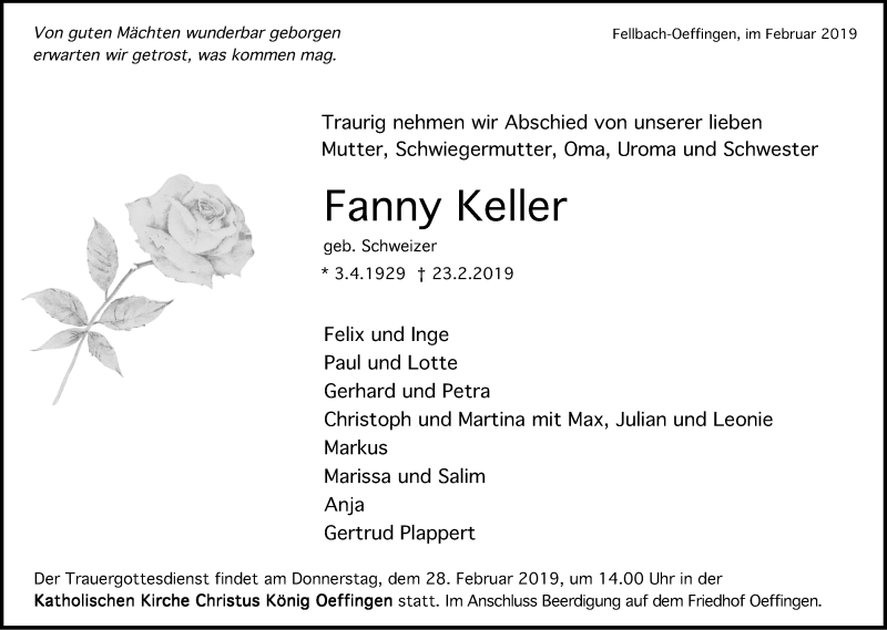  Traueranzeige für Fanny Keller vom 26.02.2019 aus Stuttgarter Zeitung / Stuttgarter Nachrichten