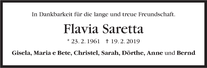  Traueranzeige für Flavia Saretta vom 23.02.2019 aus Stuttgarter Zeitung / Stuttgarter Nachrichten