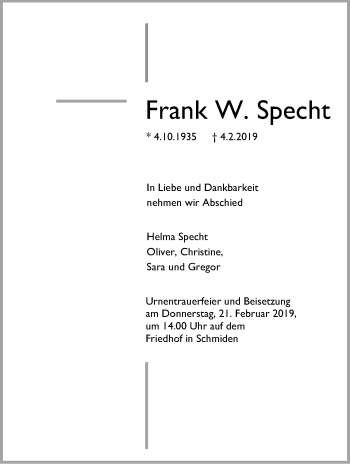 Traueranzeige von Frank W. Specht von Stuttgarter Zeitung / Stuttgarter Nachrichten