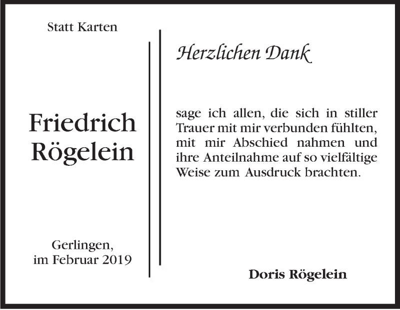  Traueranzeige für Friedrich Rögelein vom 28.02.2019 aus Stuttgarter Zeitung / Stuttgarter Nachrichten
