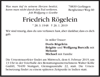 Traueranzeige von Friedrich Rögelein von Stuttgarter Zeitung / Stuttgarter Nachrichten