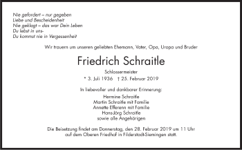 Traueranzeige von Friedrich Schraitle von Stuttgarter Zeitung / Stuttgarter Nachrichten