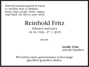 Traueranzeige von Fritz Reinhold von Stuttgarter Zeitung / Stuttgarter Nachrichten