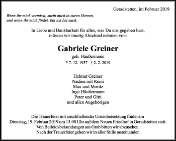 Traueranzeige von Gabriele Greiner von Stuttgarter Zeitung / Stuttgarter Nachrichten