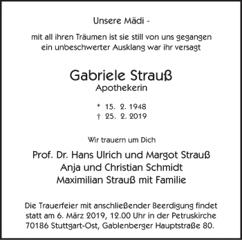 Traueranzeige von Gabriele Strauß von Stuttgarter Zeitung / Stuttgarter Nachrichten