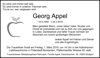 Traueranzeige von Georg Appel von Stuttgarter Zeitung / Stuttgarter Nachrichten
