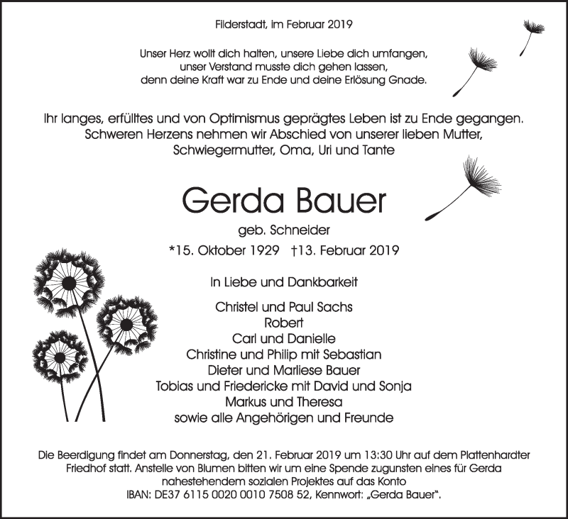  Traueranzeige für Gerda Bauer vom 19.02.2019 aus Stuttgarter Zeitung / Stuttgarter Nachrichten