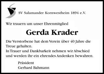 Traueranzeige von Gerda Krader von Stuttgarter Zeitung / Stuttgarter Nachrichten