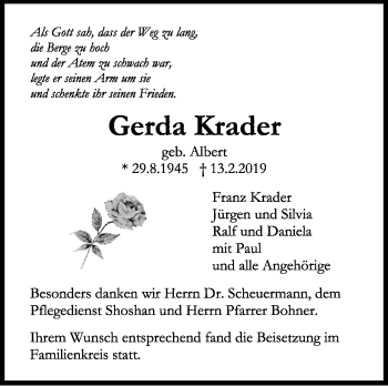 Traueranzeige von Gerda Krader von Stuttgarter Zeitung / Stuttgarter Nachrichten