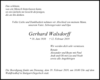 Traueranzeige von Gerhard Walsdorff von Stuttgarter Zeitung / Stuttgarter Nachrichten