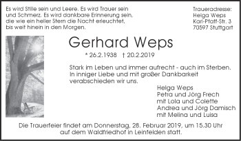 Traueranzeige von Gerhard Weps von Stuttgarter Zeitung / Stuttgarter Nachrichten
