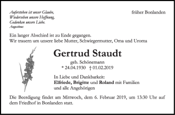 Traueranzeige von Gertrud Staudt von Stuttgarter Zeitung / Stuttgarter Nachrichten