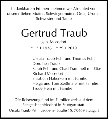 Traueranzeige von Gertrud Traub von Stuttgarter Zeitung / Stuttgarter Nachrichten