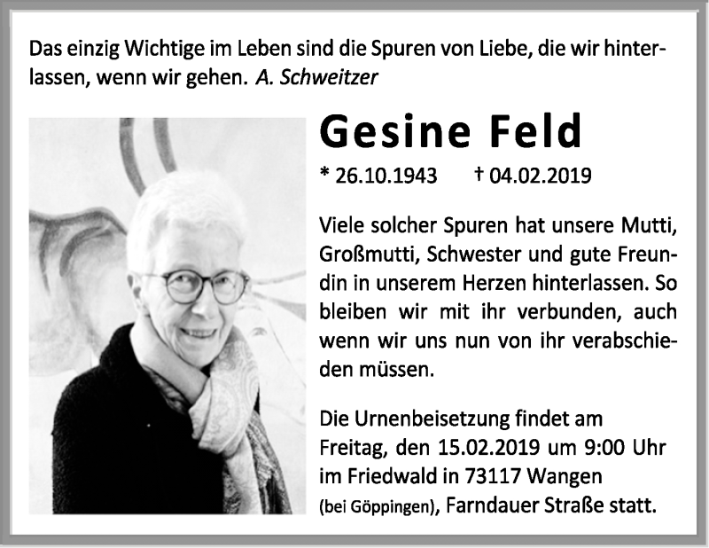  Traueranzeige für Gesine Feld vom 14.02.2019 aus Stuttgarter Zeitung / Stuttgarter Nachrichten