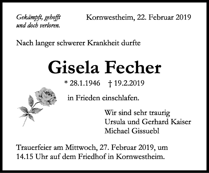  Traueranzeige für Gisela Fecher vom 22.02.2019 aus Stuttgarter Zeitung / Stuttgarter Nachrichten