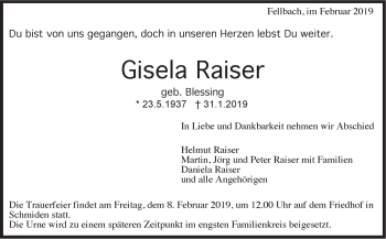 Traueranzeige von Gisela Raiser von Stuttgarter Zeitung / Stuttgarter Nachrichten