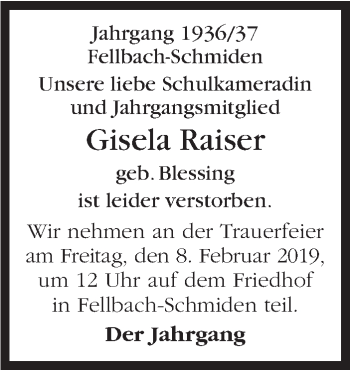 Traueranzeige von Gisela Raiser von Stuttgarter Zeitung / Stuttgarter Nachrichten