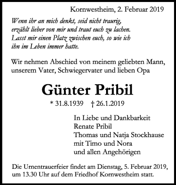 Traueranzeige von Günter Pribil von Stuttgarter Zeitung / Stuttgarter Nachrichten