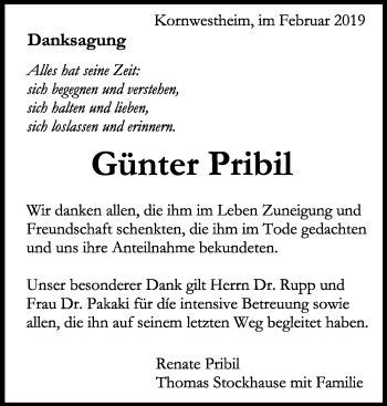 Traueranzeige von Günter Pribil von Stuttgarter Zeitung / Stuttgarter Nachrichten