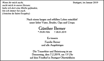 Traueranzeige von Günther Berner von Stuttgarter Zeitung / Stuttgarter Nachrichten