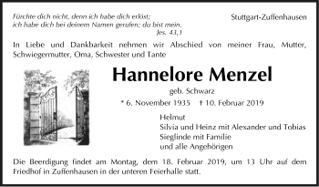 Traueranzeige von Hannelore Menzel von Stuttgarter Zeitung / Stuttgarter Nachrichten