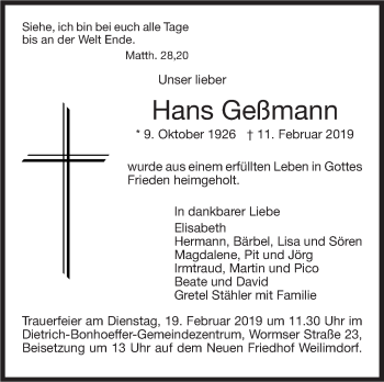 Traueranzeige von Hans Geßmann von Stuttgarter Zeitung / Stuttgarter Nachrichten