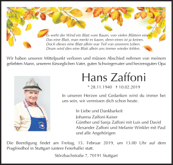 Traueranzeige von Hans Zaffoni von Stuttgarter Zeitung / Stuttgarter Nachrichten