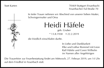 Traueranzeige von Heidi Häfele von Stuttgarter Zeitung / Stuttgarter Nachrichten