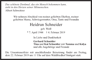 Traueranzeige von Heidrun Schneider von Stuttgarter Zeitung / Stuttgarter Nachrichten