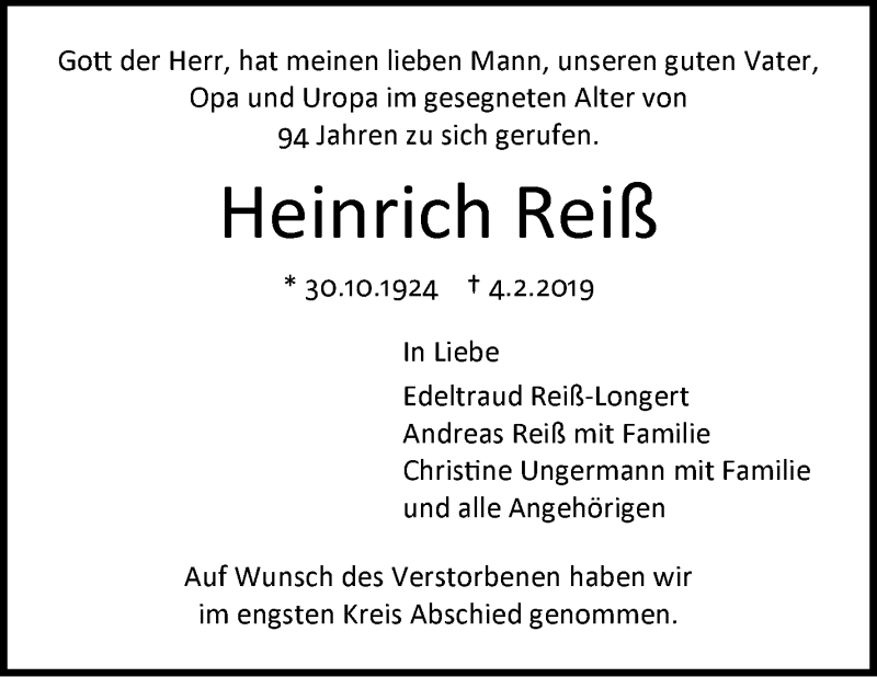  Traueranzeige für Heinrich Reiß vom 16.02.2019 aus Stuttgarter Zeitung / Stuttgarter Nachrichten
