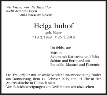 Traueranzeige von Helga Imhof von Stuttgarter Zeitung / Stuttgarter Nachrichten
