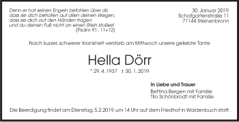 Traueranzeige von Hella Dörr von Stuttgarter Zeitung / Stuttgarter Nachrichten
