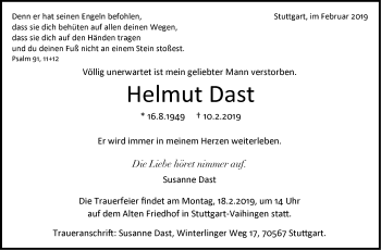 Traueranzeige von Helmut Dast von Stuttgarter Zeitung / Stuttgarter Nachrichten