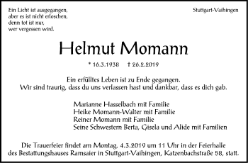 Traueranzeige von Helmut Momann von Stuttgarter Zeitung / Stuttgarter Nachrichten