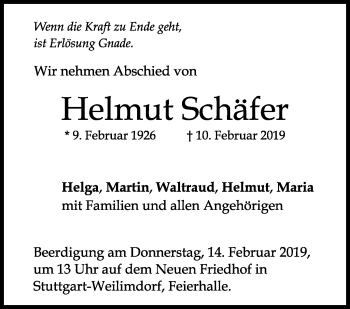 Traueranzeige von Helmut Schäfer von Stuttgarter Zeitung / Stuttgarter Nachrichten
