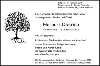 Traueranzeige von Herbert Dietrich von Stuttgarter Zeitung / Stuttgarter Nachrichten