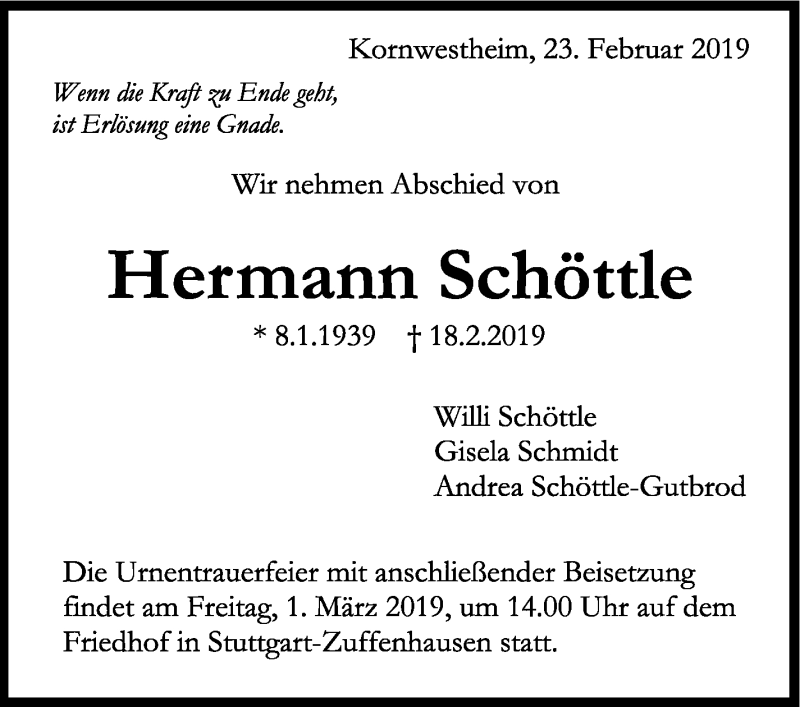  Traueranzeige für Hermann Schöttle vom 23.02.2019 aus Stuttgarter Zeitung / Stuttgarter Nachrichten