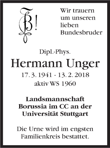 Traueranzeige von Hermann Unger von Stuttgarter Zeitung / Stuttgarter Nachrichten