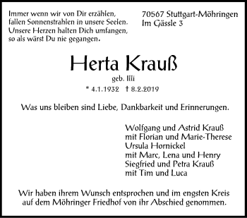 Traueranzeige von Herta Krauß von Stuttgarter Zeitung / Stuttgarter Nachrichten