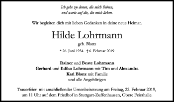 Traueranzeige von Hilde Lohrmann von Stuttgarter Zeitung / Stuttgarter Nachrichten