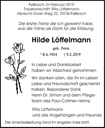 Traueranzeige von Hilde Löffelmann von Stuttgarter Zeitung / Stuttgarter Nachrichten