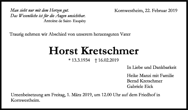  Traueranzeige für Horst Kretschmer vom 22.02.2019 aus Stuttgarter Zeitung / Stuttgarter Nachrichten