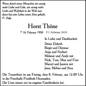 Traueranzeige von Horst Thöne von Stuttgarter Zeitung / Stuttgarter Nachrichten