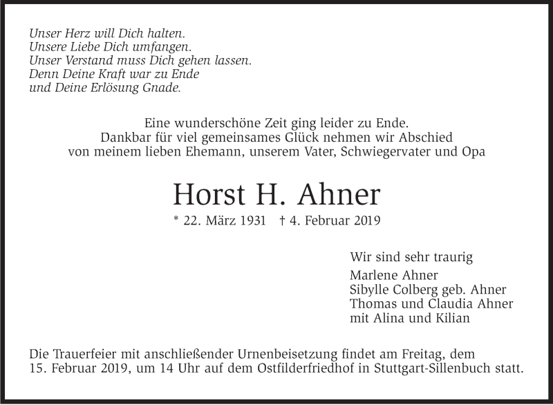  Traueranzeige für Horst H. Ahner vom 09.02.2019 aus Stuttgarter Zeitung / Stuttgarter Nachrichten